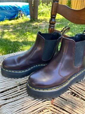 Dr. Martens Platform Chelsea Boots in Oxblood with Yellow Stitching